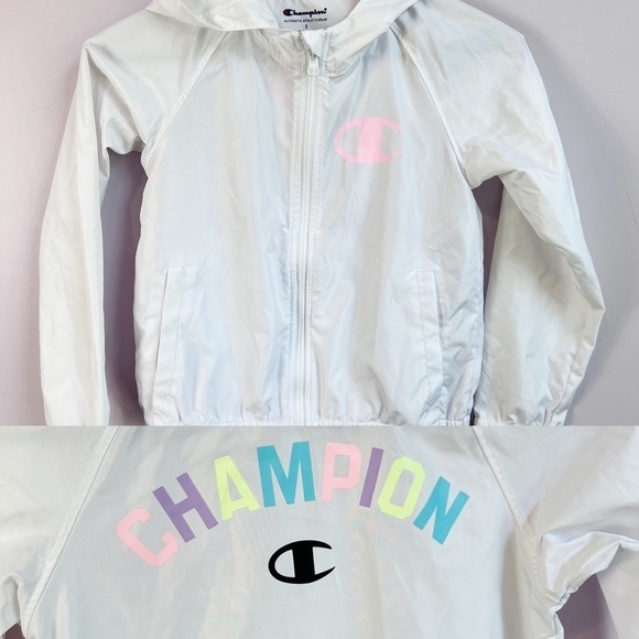CHAMPION Girls White Hooded Logo Windbreaker Rain Jacket Pastel Logo Small - Picture 3 of 14